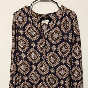 Ann Taylor Loft Women's Long Shirt Tunic Dress Blue Brown Print Size M